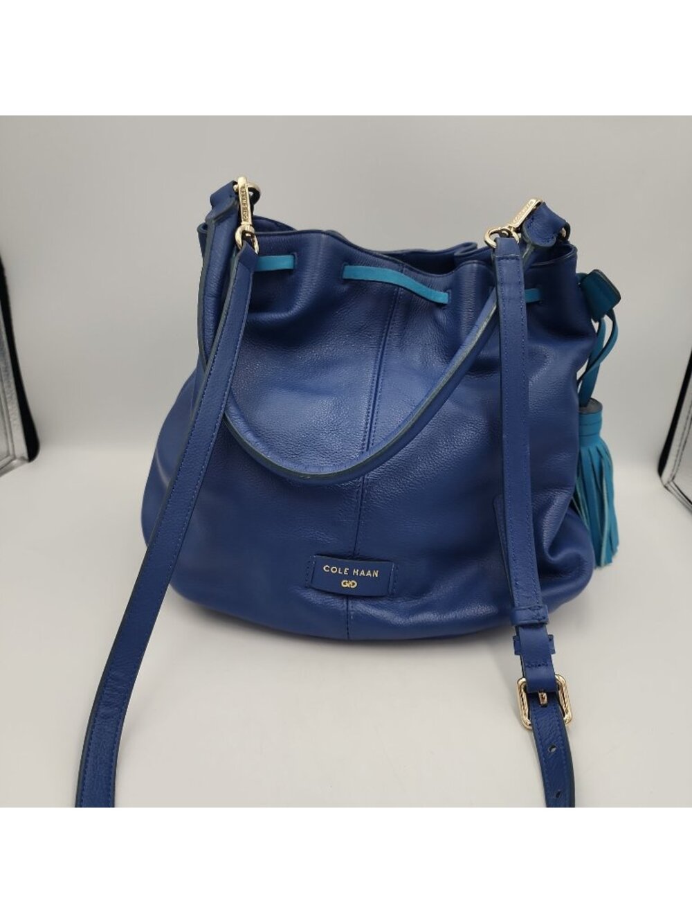 Cole Haan Bag Bucket Color Block Blue Tassel 2Way VGC! Purse Shoulder Bag
